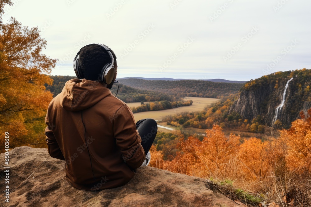 Backview of a man sitting on the hill in the autumn mountains. Meditation, tranqulility, relaxation, mental health concept