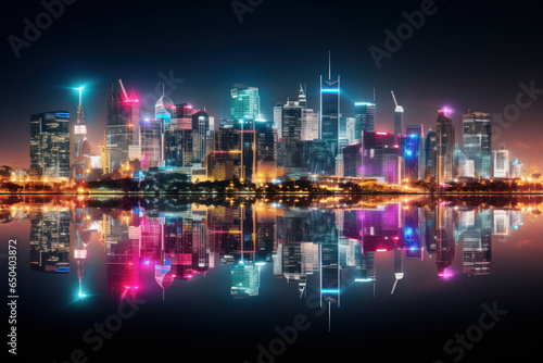 A city skyline illuminated with colorful lights in honor of Mental Health Awareness Month. Concept of urban awareness campaigns. Generative Ai.