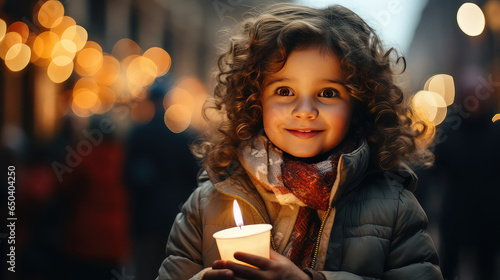 Cute toddler girl holding a burning candle at a Christmas carol, girl celebrating Christmas at a street party, night, joy and coziness. 