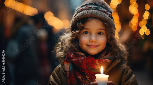 Cute toddler girl holding a burning candle at a Christmas carol, girl celebrating Christmas at a street party, night, joy and coziness. 