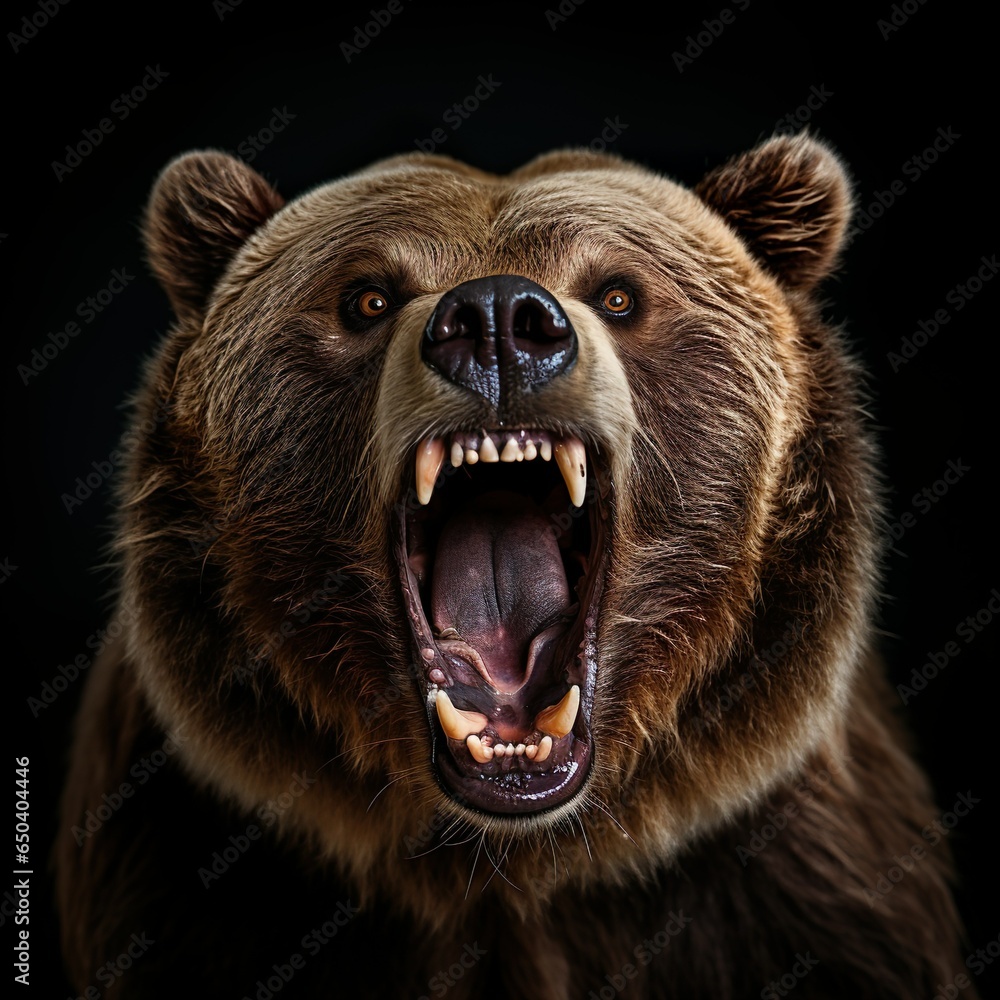 closeup on an alert brown bear showing its teeth isolated on black background | Generative AI closeup on an alert brown bear showing its teeth isolated on black background | Generative AI