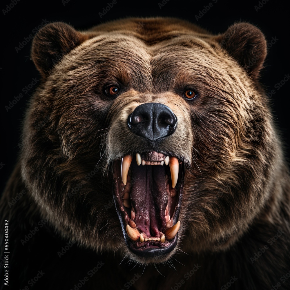 Fototapeta premium closeup on an alert brown bear showing its teeth isolated on black background | Generative AI