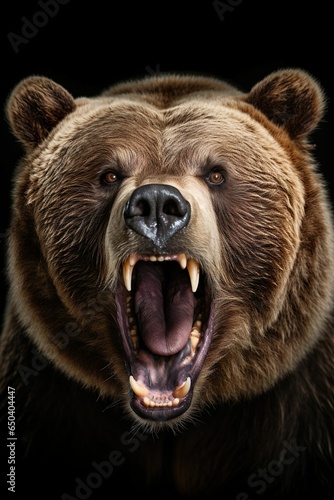 closeup on an alert brown bear showing its teeth isolated on black background   Generative AI © Kay