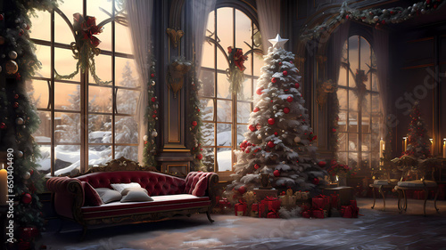 The room is decorated for Christmas. Big windows. Christmas. Christmas tree. Gold. Banner. Wallpaper. Copy space. Generated AI. Edited in Photoshop.