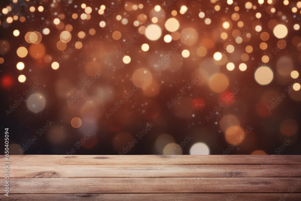 Rustic Christmas bokeh wooden background. Rustic xmas stage. Generate Ai