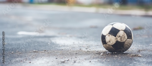 Soccer ball viewed against textured street background representing various sports and recreational activities