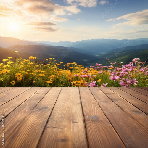Wooden floor deck with blur mountain background