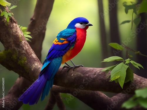 Cute hummingbird bird with colorful plumage and A colorful bird sits on a branch in the forest © Design Desk MRM