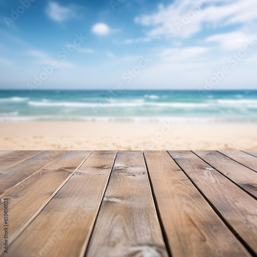 Wooden floor deck with blur beach background