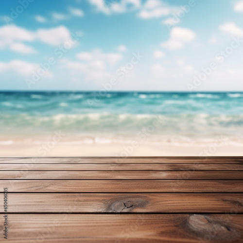 Wooden floor deck with blur beach background