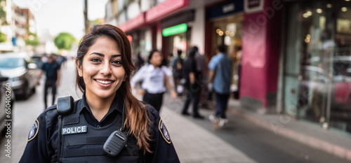 Hispanic woman working as police officer or cop, closeup portrait, blurred city background. Generative AI