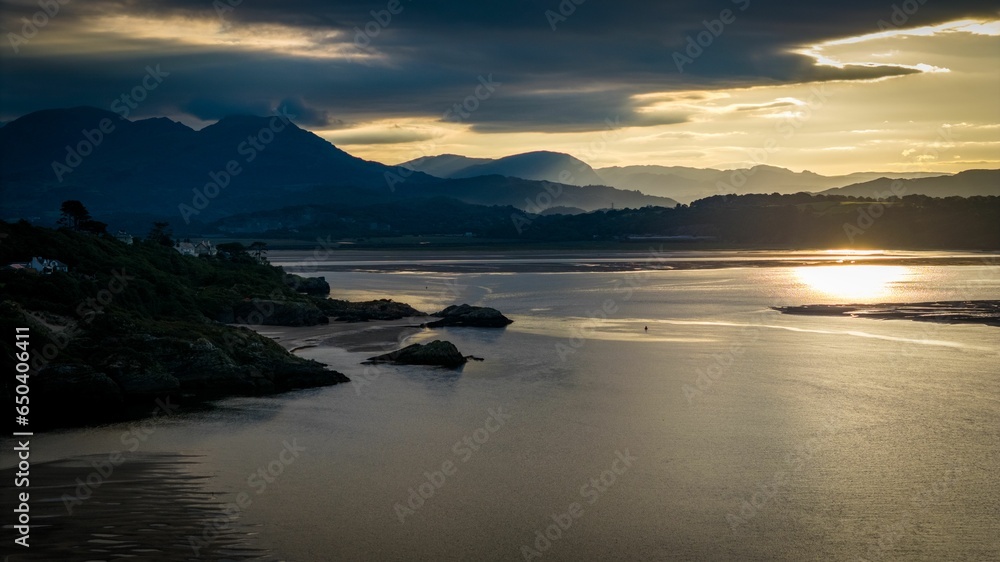 Aerial view of a stunning Sunrise over Morfa Bychan, Wales