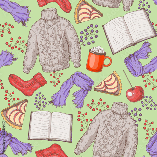 Cozy autumn seamless pattern. Background with wool sweater, open book, scarf, knitted socks, apple pie piece, twigs, warm clothes. Hand drawn vector illustration.