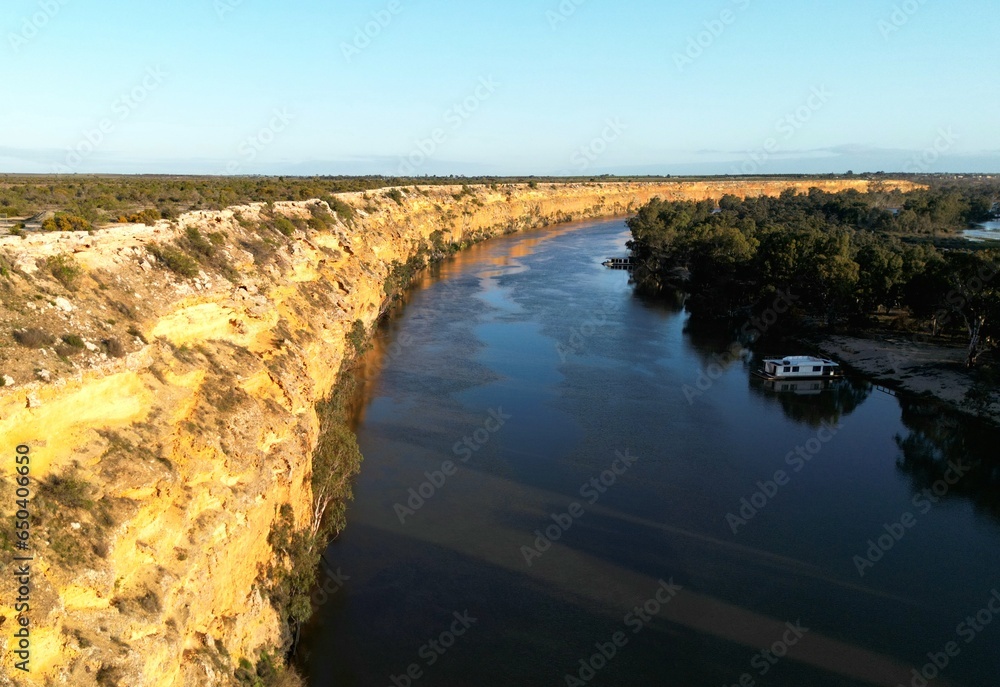 Aerial view of the Murray River at sunset in Big Bend, Australia