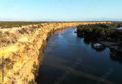Aerial view of the Murray River at sunset in Big Bend, Australia