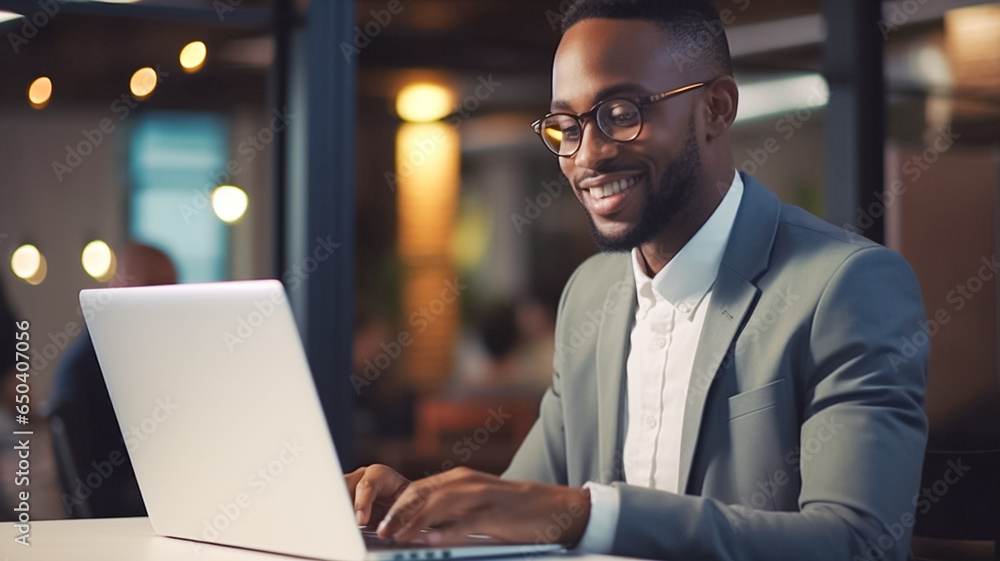 Handsome young businessman sitting office and working on laptop computer. Smiling black man using laptop. Professional african american CEO managing investment strategy. Handsome young businessman sitting office and working on laptop computer. Smiling black man using laptop. Professional african american CEO managing investment strategy.