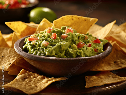 A Delicious Bowl of Guacamole with fresh ingredients on a table with tortilla chips and salsa