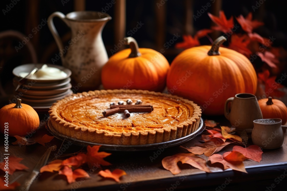 Homemade pumpkin pie on the wooden table of the traditional kitchen