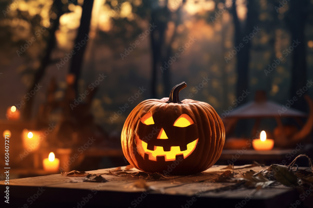 Fototapeta premium Halloween Pumpkin with Glowing Eyes, Forest Sunset Halloween Scene
