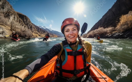 A girl in a kayak sailing on a mountain river. Generative AI