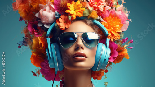 A vibrant portrait of a young woman surrounded by bright colors. She wears headphones, sunglasses and her hair is richly decorated with flowers. © Karat