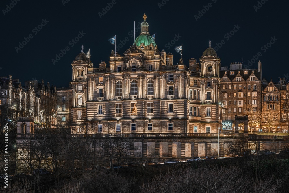 Closeup of a Night view of Museum on the Mound, Edinburgh, Scotland