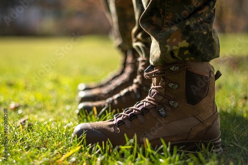 Closeup of combat boots of the German Army Bundeswehr in the grass photo