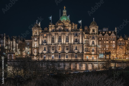 Closeup of a Night view of Museum on the Mound, Edinburgh, Scotland