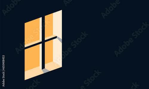 Light from window. Window at night. Empty nighttime flat with light inside, illuminated neighbour apartment, warm yellow indoor lighting