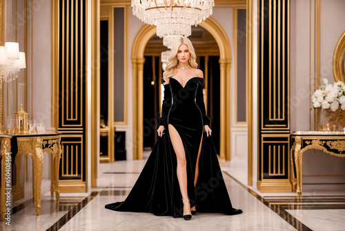Fototapeta Beautiful blonde woman in a luxurious long evening black dress in the palace