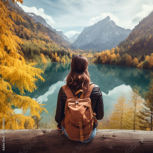Solo female traveller on a gap year sits by a lake beneath an awe inspiring moun Fototapet