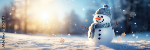 Cute Snowman with snow, background image of winter landscape with copyspace