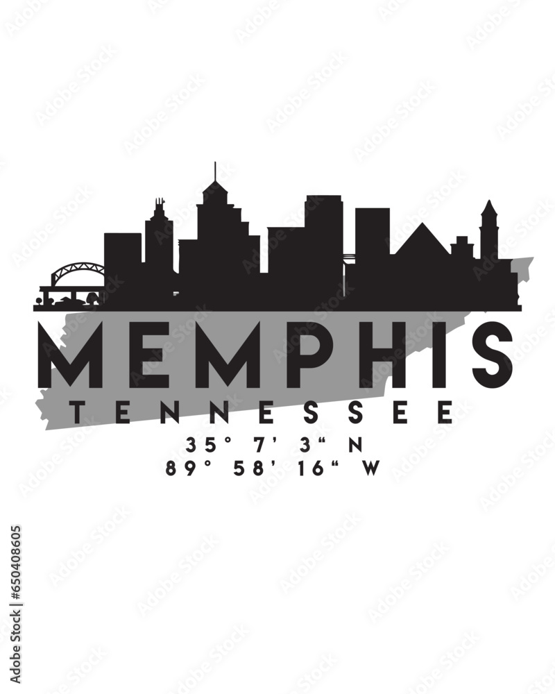 Vector illustration of the Memphis city skyline silhouette on the map with the coordinates