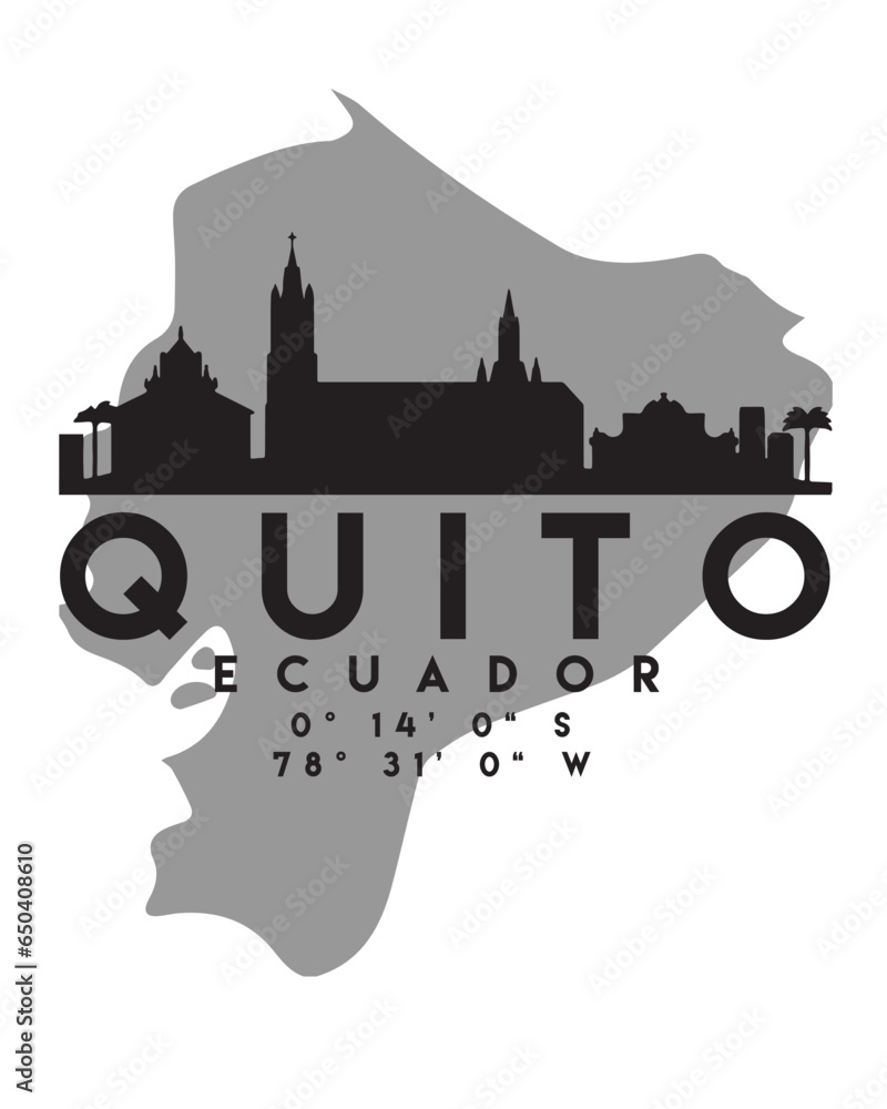 Vector illustration of the Quito city skyline silhouette on the map