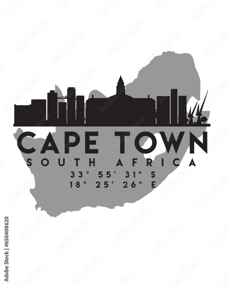 Vector illustration of the Cape Town city skyline silhouette on the map ...