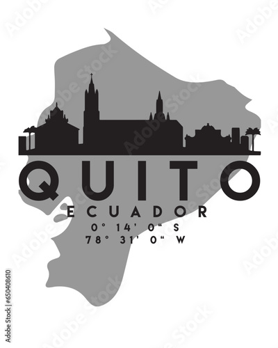 Vector illustration of the Quito city skyline silhouette on the map with the coordinates photo
