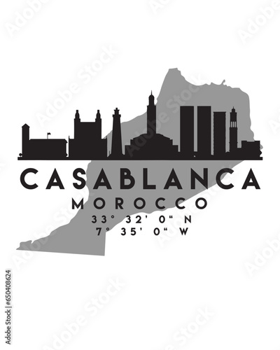 Vector illustration of the Casablanca city skyline silhouette on the map with the coordinates