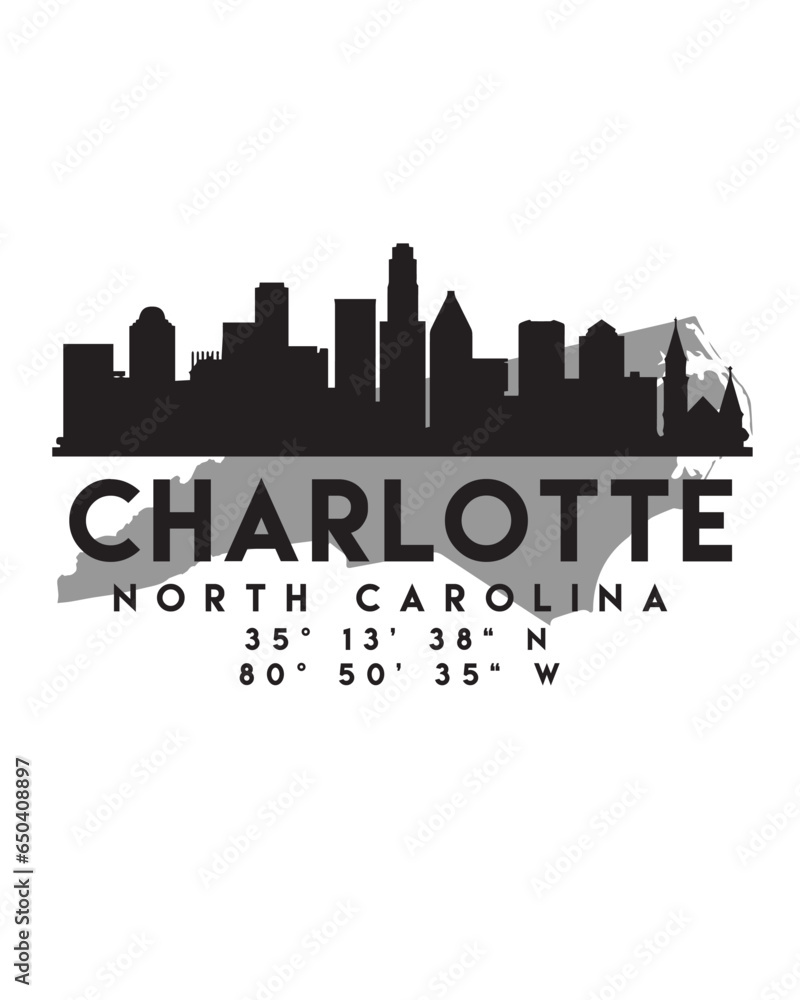 Vector illustration of the Charlotte city skyline silhouette on a map with the coordinates