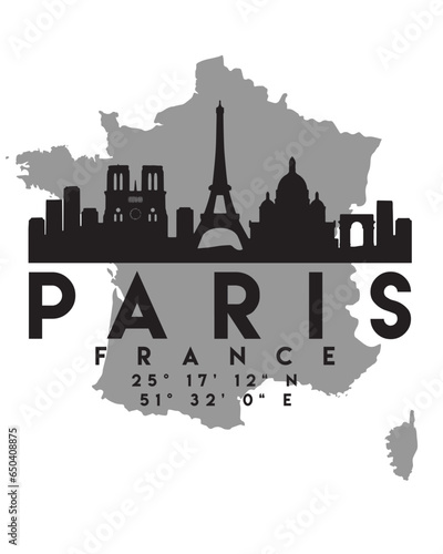 Vector illustration of the Paris city skyline silhouette on a map with the coordinates