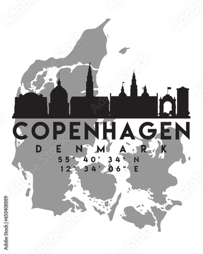 Photography Vector illustration of the Copenhagen city skyline silhouette on a map with the