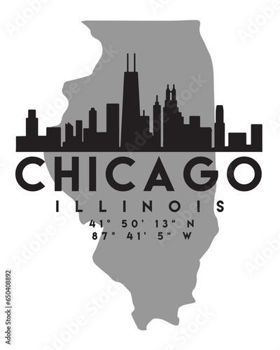 Vector illustration of the Chicago city skyline silhouette on a map with the coordinates
