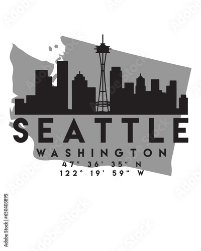 Vector illustration of the Seattle city skyline silhouette on a map with the coordinates