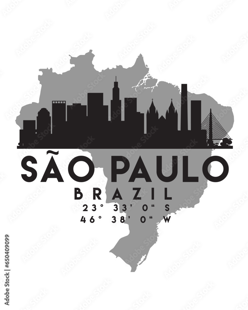 Vector illustration of the Sao Paulo city skyline silhouette on a map with the coordinates