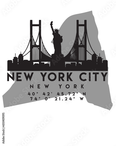 Vector illustration of the New York city skyline silhouette on a map with the coordinates