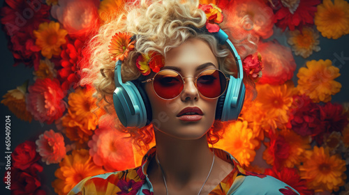 A vibrant portrait of a young woman surrounded by bright colors. She wears headphones, sunglasses and her hair is richly decorated with flowers.
