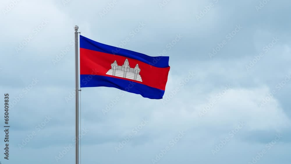 Cambodia flag waving in the wind, cloudy blue sky with running clouds, endless seamless loop Cambodia flag waving in the wind, cloudy blue sky with running clouds, endless seamless loop