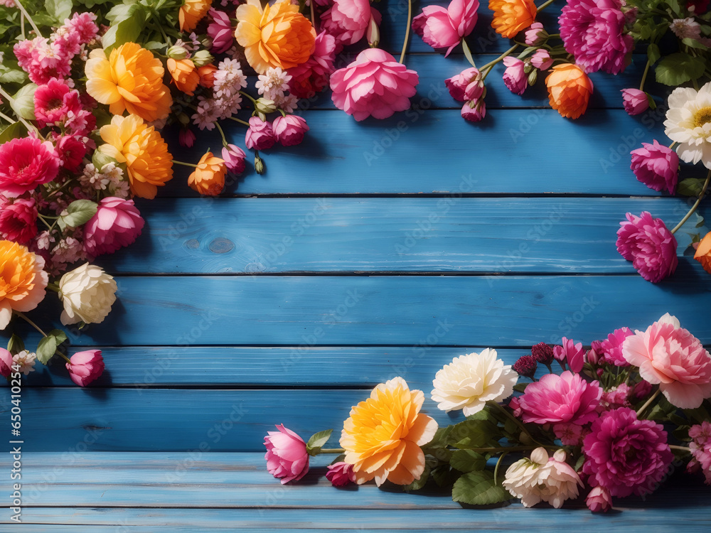 Garden flowers over blue wooden table background. Backdrop with copy space Garden flowers over blue wooden table background. Backdrop with copy space