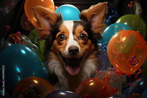 A small dog surrounded by a group of balloons