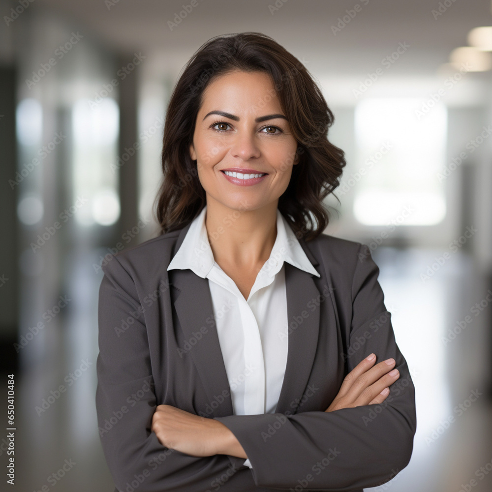 Businesswoman posing in a blurred office hallway Businesswoman posing in a blurred office hallway