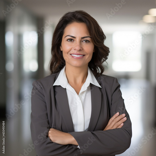 Businesswoman posing in a blurred office hallway